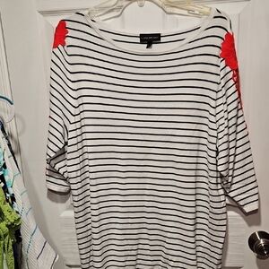 Lane Bryant Black and White Striped Top with Red Floral Appliqués